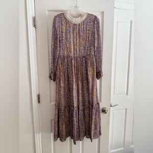 Karen Walker Silk Purple & Cream Long Sleeve Sundress White Ruffled Neck size 4